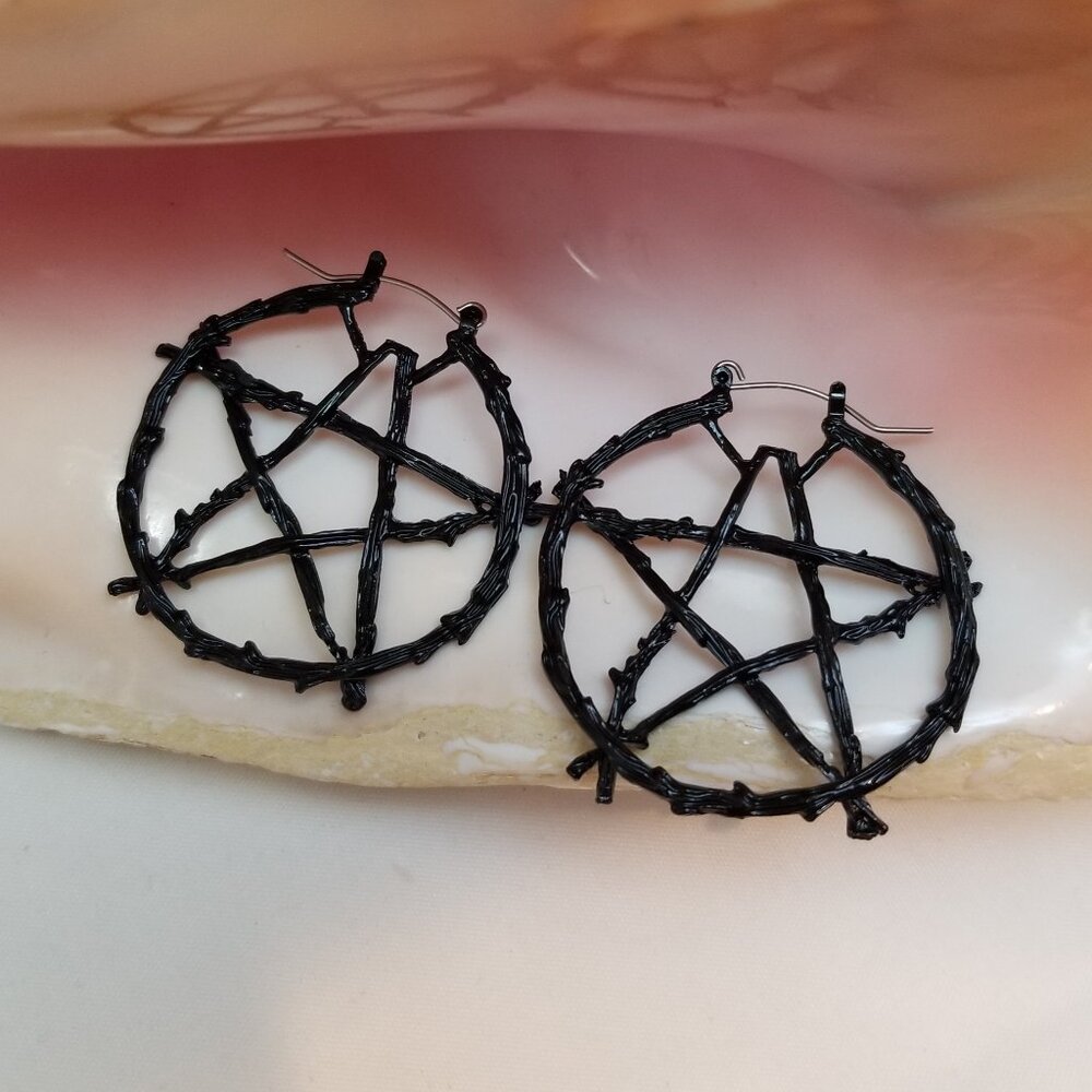 PAIR matte black pentagram earrings, big hoop earrings 18G tunnel hoops